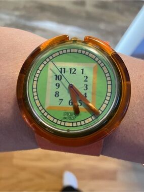 Swatch Orange Case Green Dial Analog Wristwatch